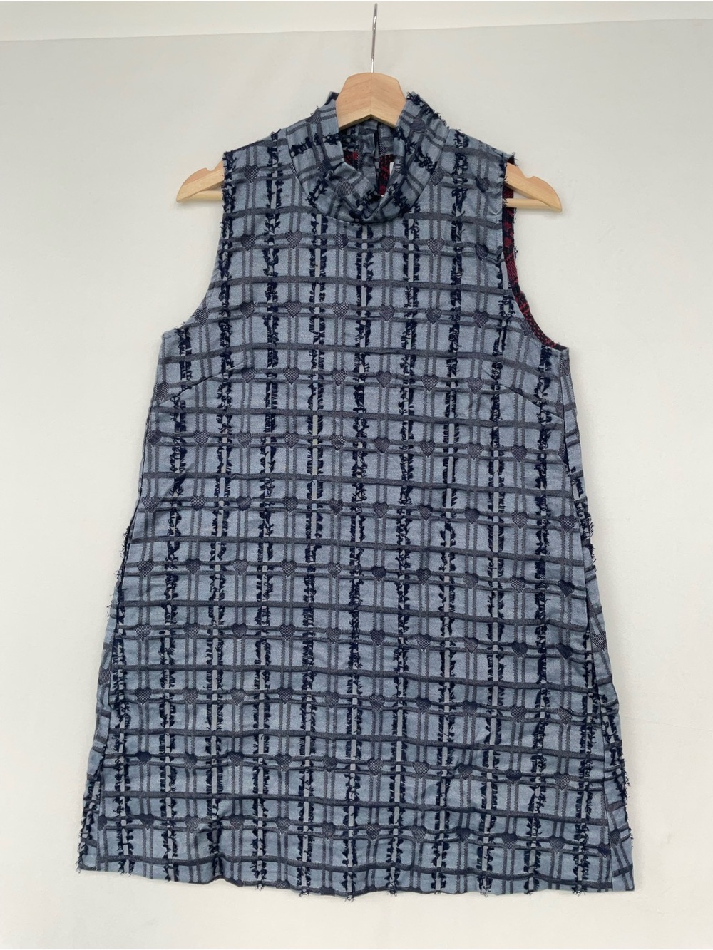 Buru Sleeveless High-Neck Mini Dress in Light Blue Plaid Hearts